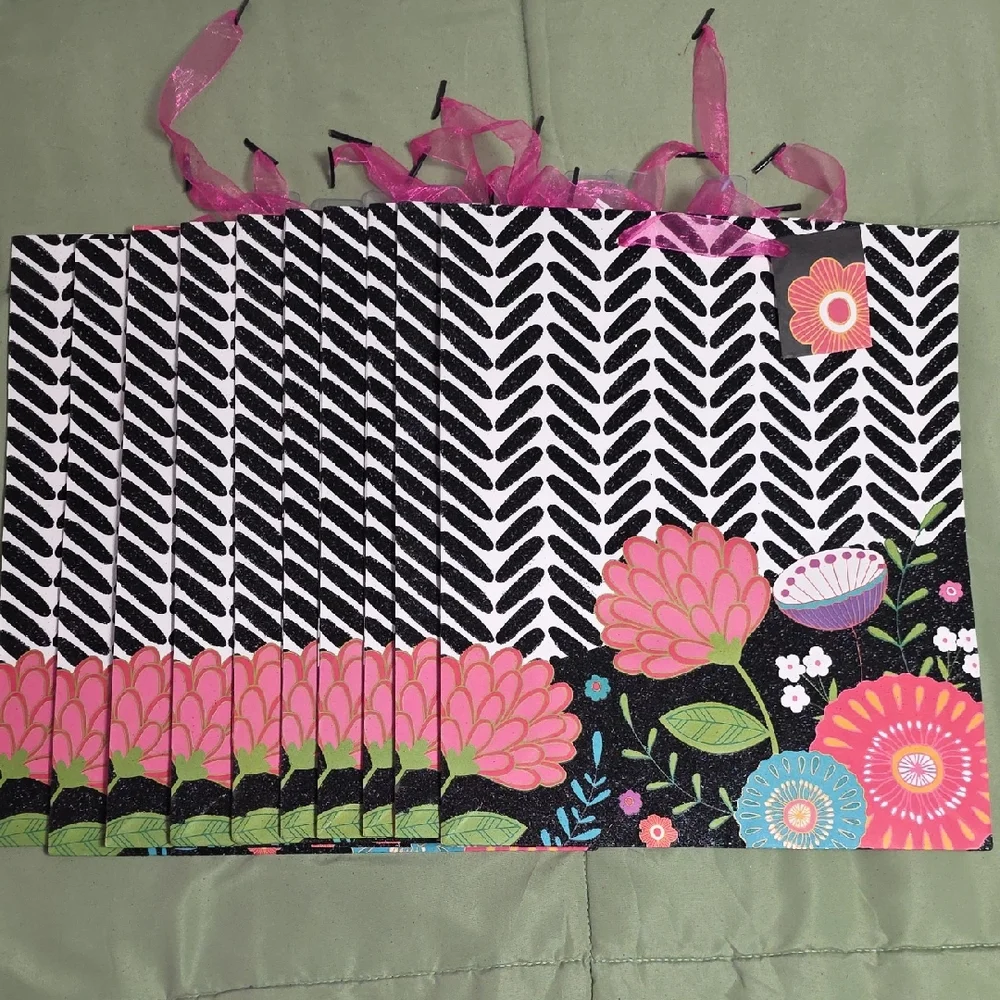 Floral Black & White Stripe All Occasion Large Gift Bags - Set of 10